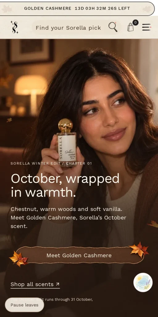 Home page of the Sorella fragrance store on a phone, captured October 2026
